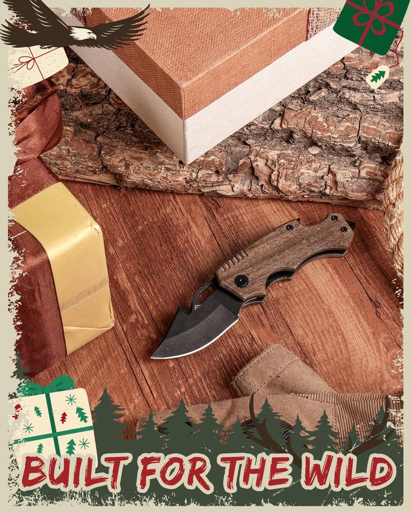 FLISSA Mini Folding Pocket Knife, 2.5-Inch Stainless Steel Drop Point Blade, EDC Pocket, Knives for Men with Bottle Opener and Glass Breaker (Brown), Good Merry Christmas Gift - Image 2